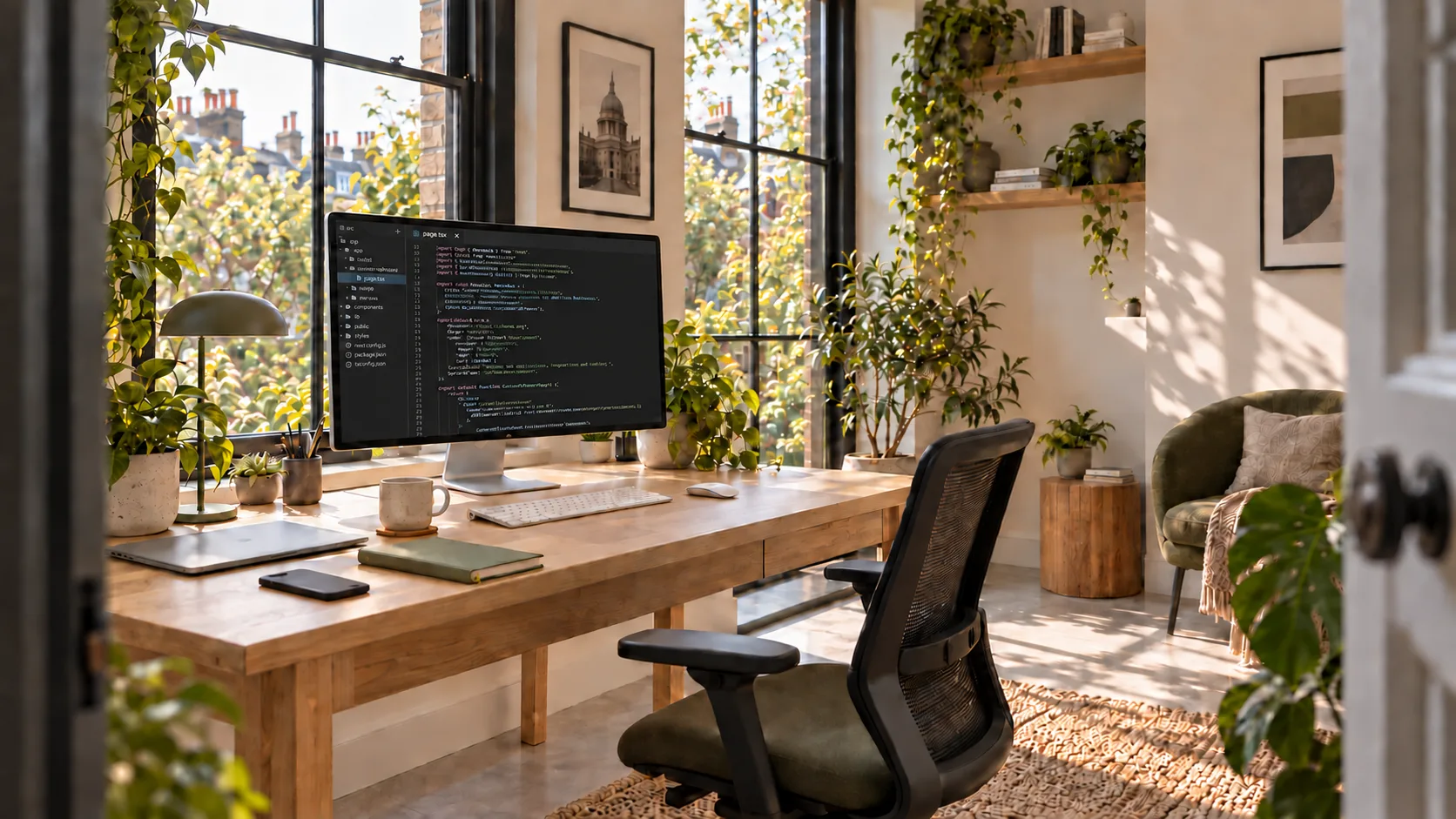 A sunlit studio desk by a window, with code open on a large screen, a laptop, a notebook and plants along the sill.