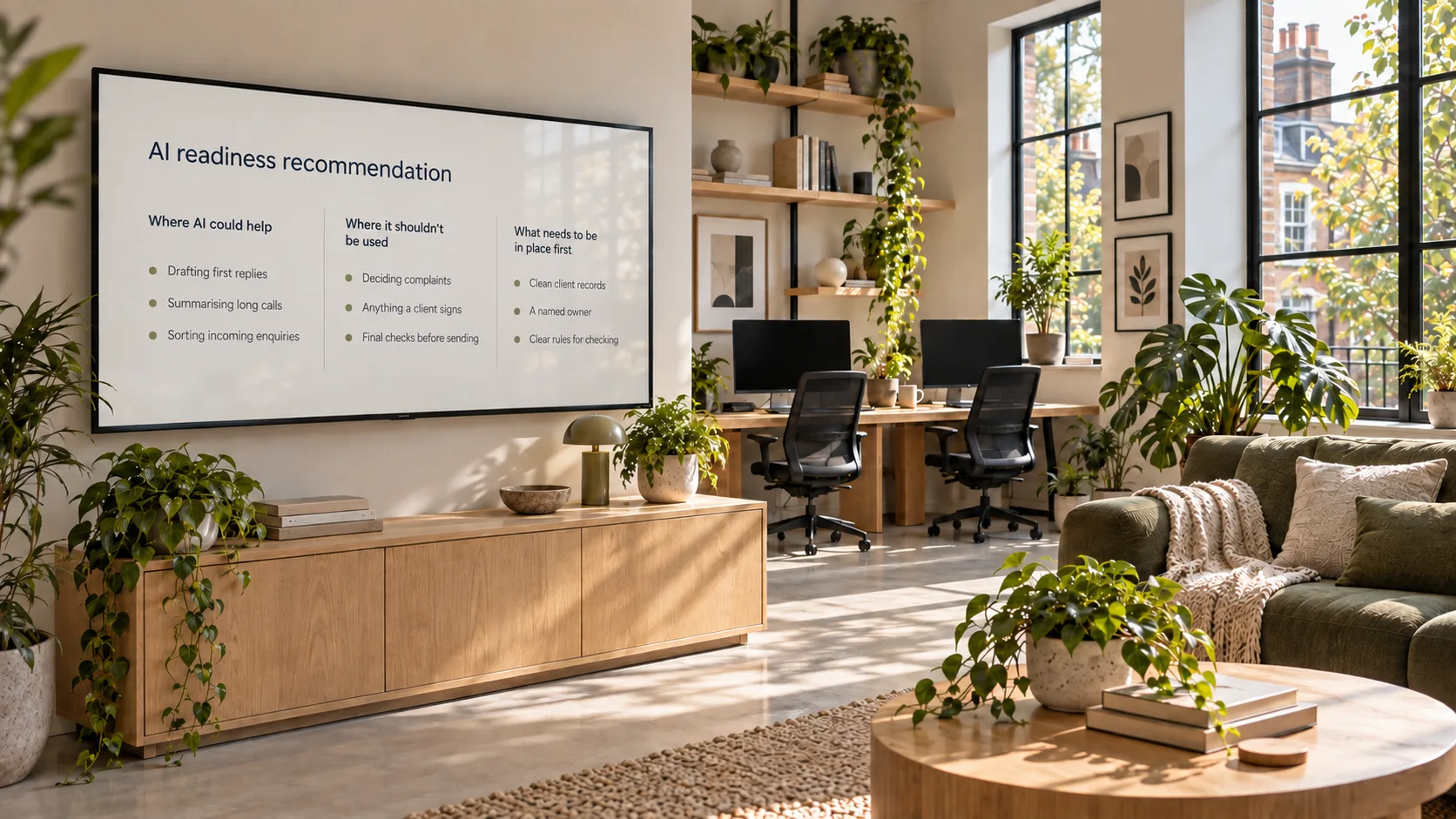 A sunlit studio with a wall screen headed AI readiness recommendation, in three columns: where AI could help (drafting first replies, summarising long calls, sorting incoming enquiries), where it shouldn't be used (deciding complaints, anything a client signs, final checks before sending), and what needs to be in place first (clean client records, a named owner, clear rules for checking).